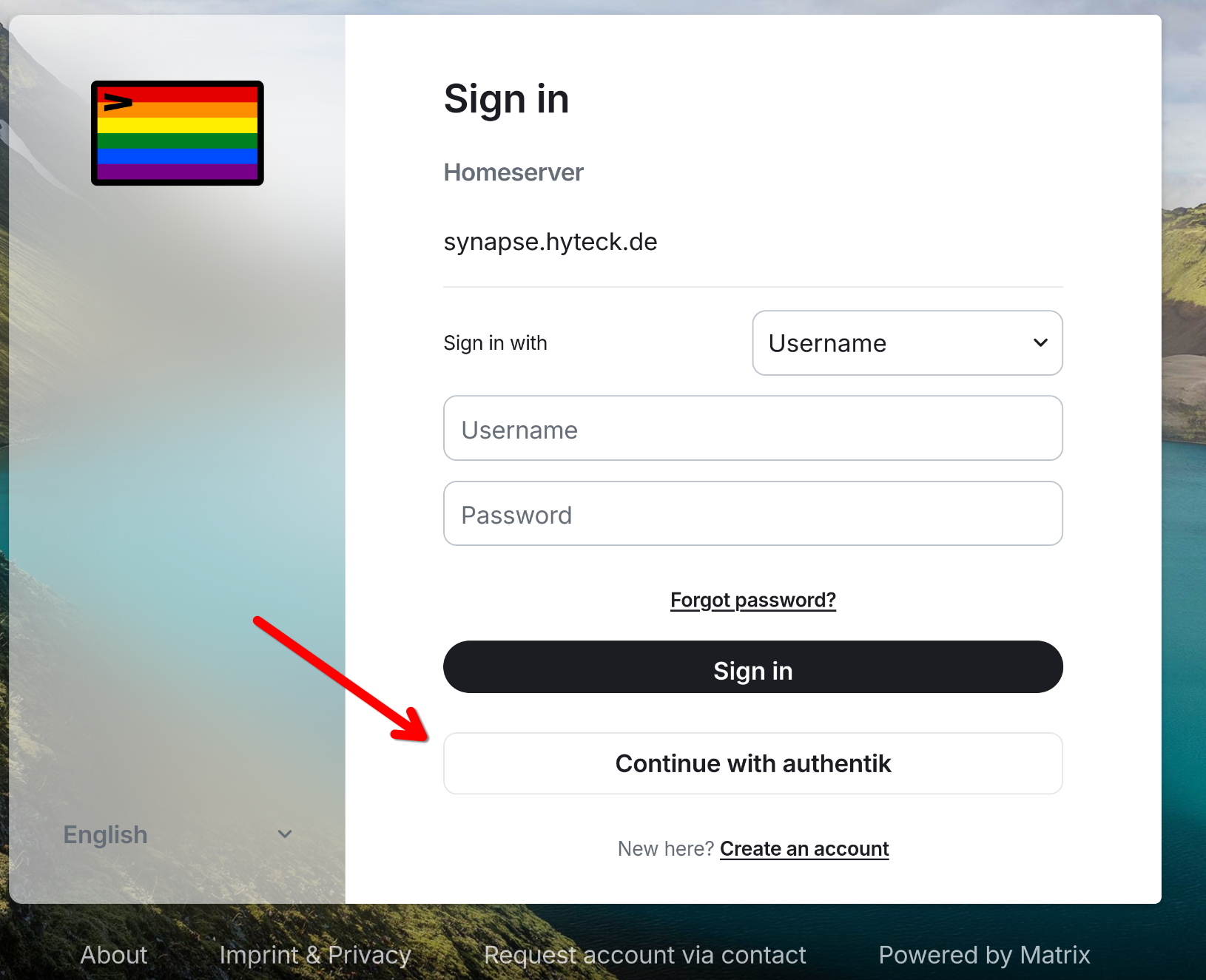 Screenshot des Matrix-Logins. Ein roter Pfeil zeigt auf "Continue with authentik".