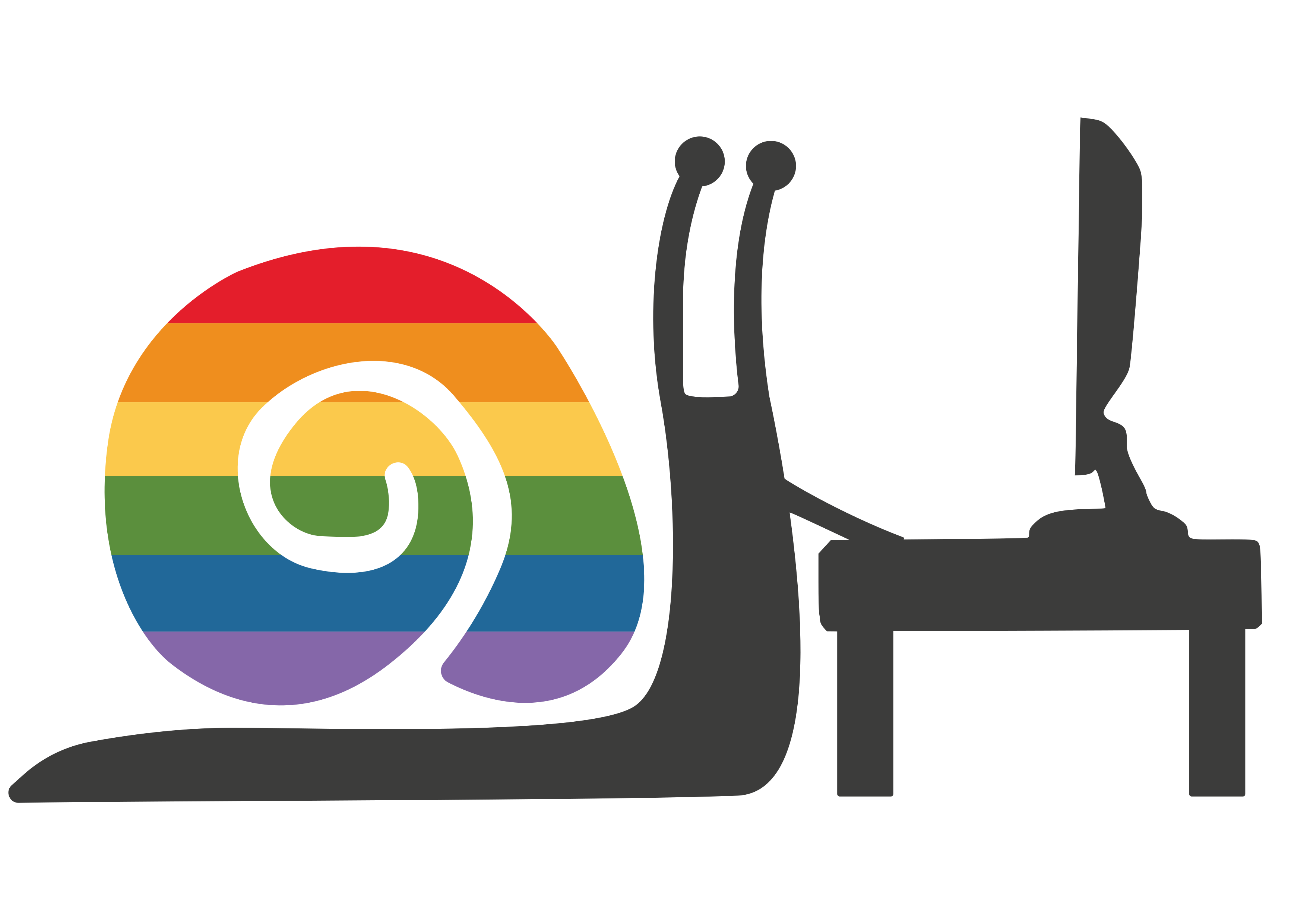 Eine Stilisierte Schnecke mit Regenbogenhaus tippt auf einem Computer