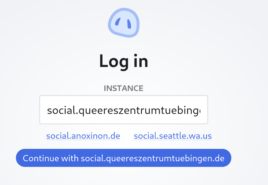 Screenshot aus dem Phanpy Login Screen. Als instanz ist eingestellt: social.queereszentrumtuebingen.de