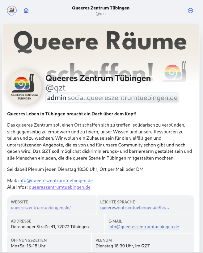 Screenshot aus Phanpy der das Profil des queeren Zentrums zeigt.